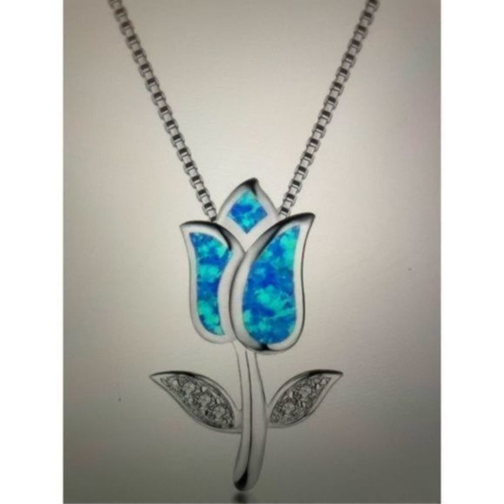 Blue opal ROSE WHITE SAPPHIRE N SILVER NECKLACE